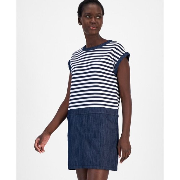 Nautica Jeans Womens Colorblocked Striped Shift Dress Nigh Sky Blue Size S NWT - Picture 4 of 5